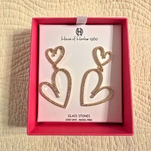 NWT House of Harlow 1960 Glass Stone Gold Heart Drop Earrings